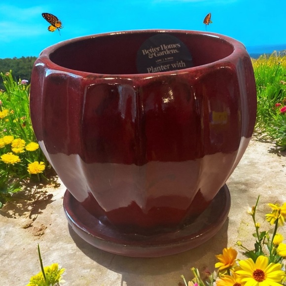 8" Better Homes And Gardens Pottery Brown Glazed Ceramic Planter With Water Tray - Picture 1 of 7